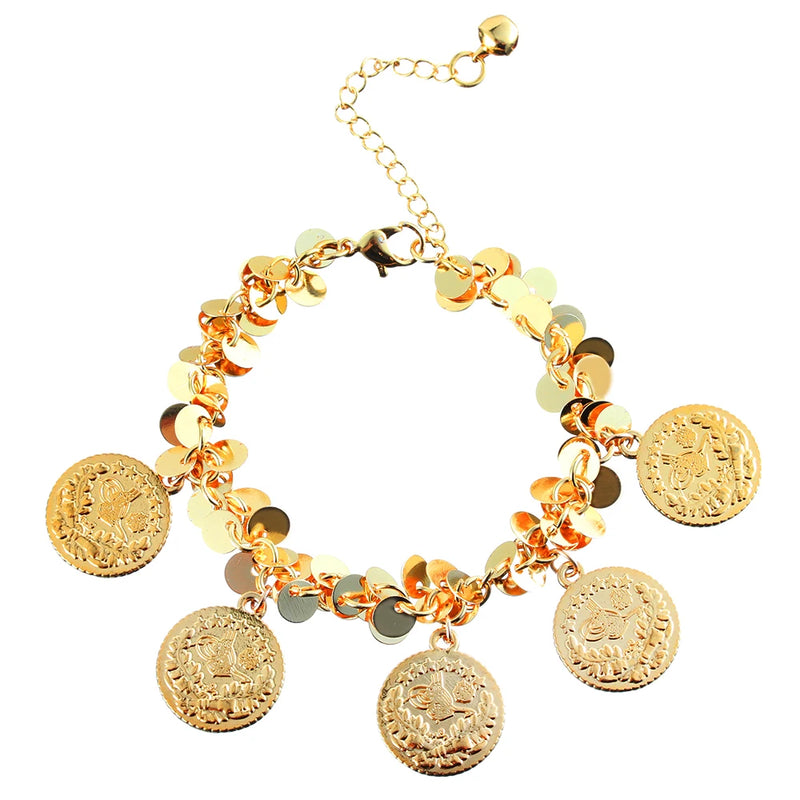 Life Flower Coin Charm Bracelet Small Round Smooth Chain Link Jewelry