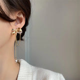 Tassel Pearl Bow Clip Earrings No Piercing Ears Long Chain Bowknot Clip Earrings