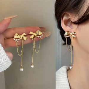 Tassel Pearl Bow Clip Earrings No Piercing Ears Long Chain Bowknot Clip Earrings