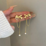 Tassel Pearl Bow Clip Earrings No Piercing Ears Long Chain Bowknot Clip Earrings