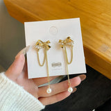 Tassel Pearl Bow Clip Earrings No Piercing Ears Long Chain Bowknot Clip Earrings
