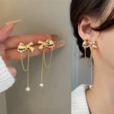 Tassel Pearl Bow Clip Earrings No Piercing Ears Long Chain Bowknot Clip Earrings