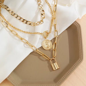Punk Chain Lock Necklace for Women Coin Choker Metal Pendant
