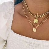 Punk Chain Lock Necklace for Women Coin Choker Metal Pendant