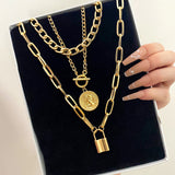 Punk Chain Lock Necklace for Women Coin Choker Metal Pendant