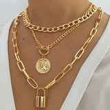 Punk Chain Lock Necklace for Women Coin Choker Metal Pendant