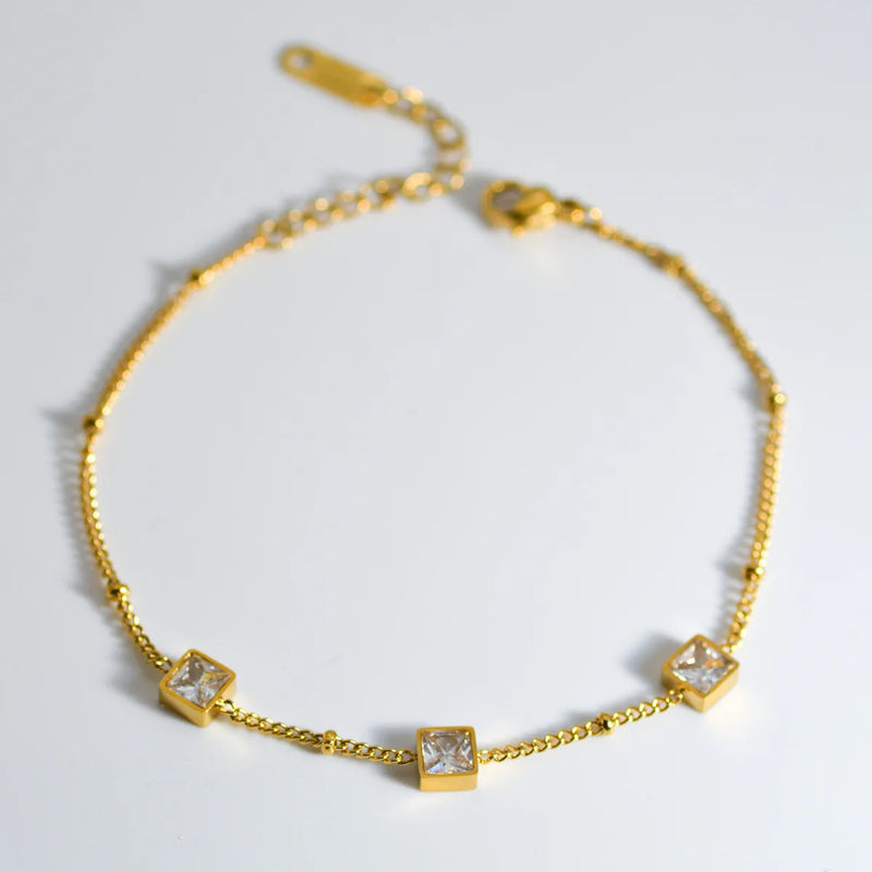 Plated Beads Chain Stone Bracelet Stainless Steel Cubic Zircon Women