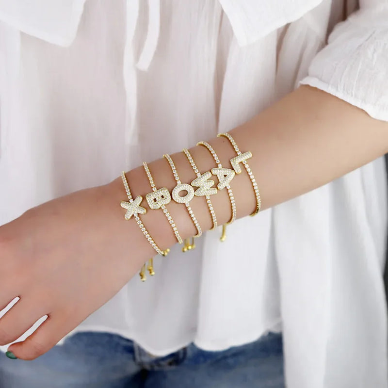 Colorful CZ Tennis Chain Initial Adjust Bracelet