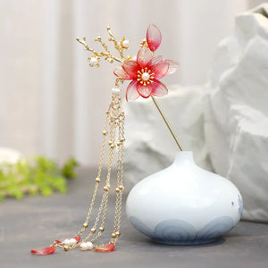 Red Flower Pearls Tassel Hair Sticks Hairpins Chinese Wedding Hair Accessories