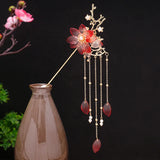 Red Flower Pearls Tassel Hair Sticks Hairpins Chinese Wedding Hair Accessories