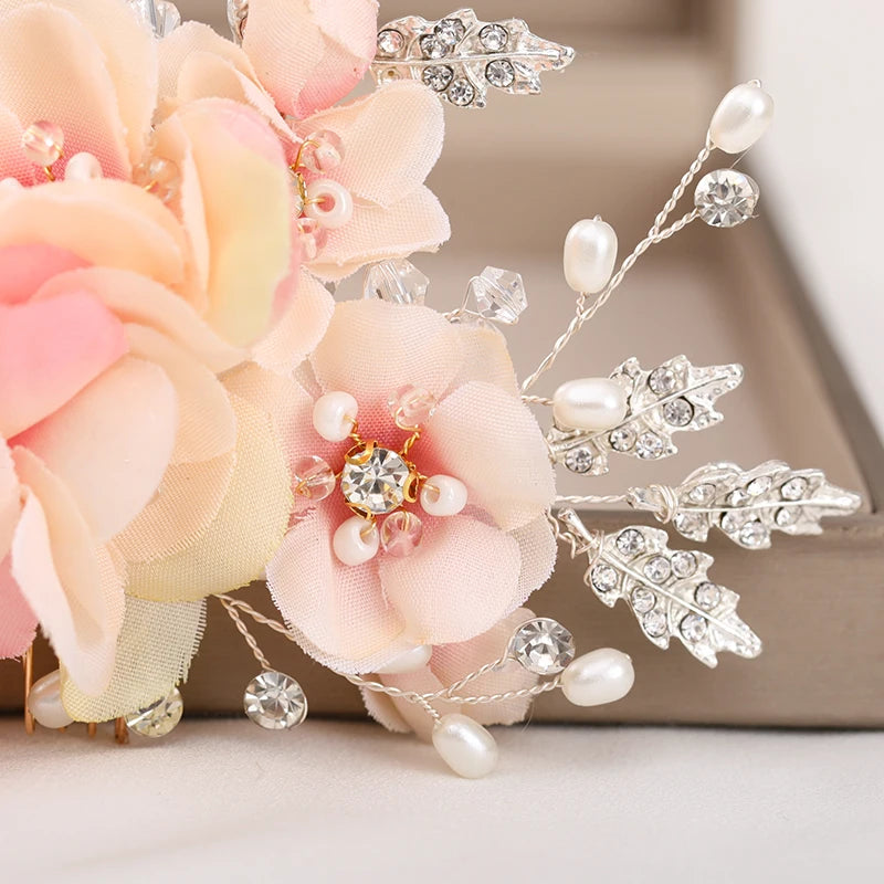 Rose Flowers Tiara Hair Comb Crystal Headpiece For Bride Women