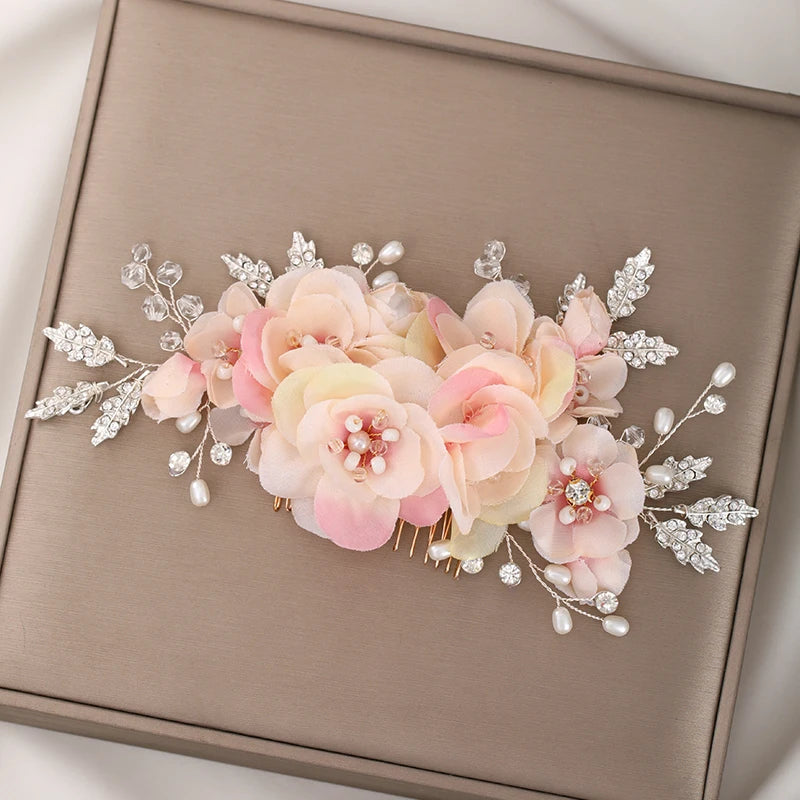 Rose Flowers Tiara Hair Comb Crystal Headpiece For Bride Women