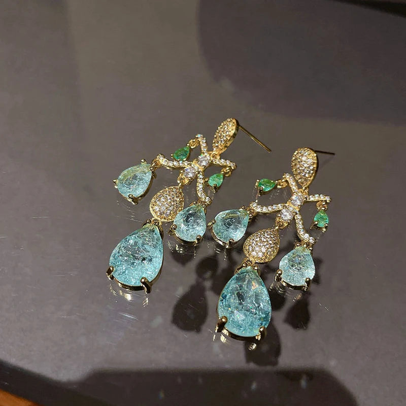 Silver Tassel Drop Stud Pear Crystal Zircon Earrings