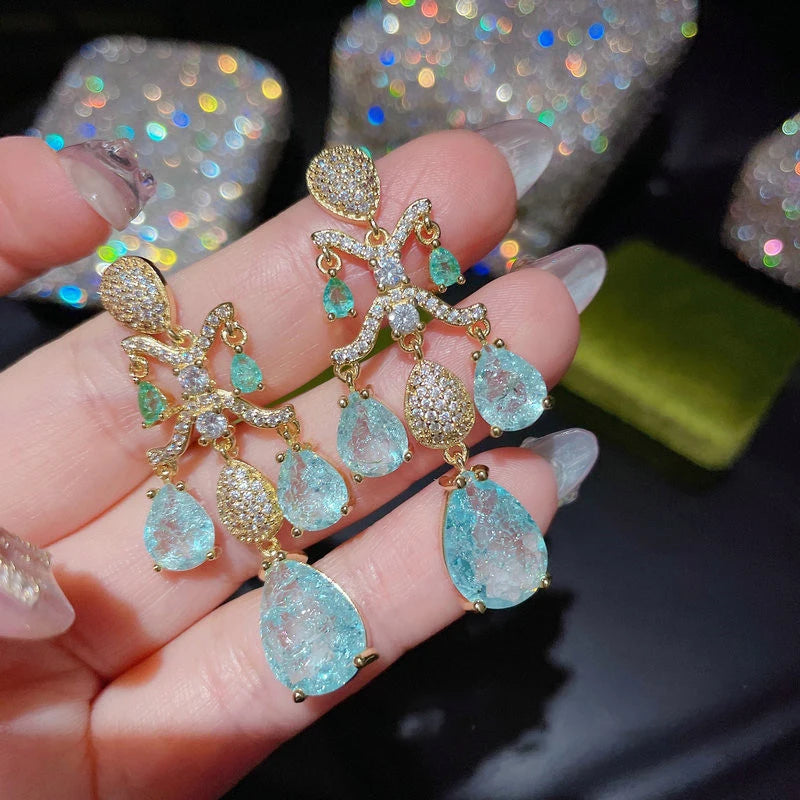 Silver Tassel Drop Stud Pear Crystal Zircon Earrings