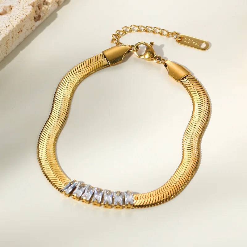 Flat Snake Chain Stainless Steel Bracelet with Green Crystal Zircon