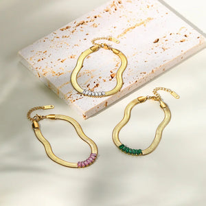 Flat Snake Chain Stainless Steel Bracelet with Green Crystal Zircon