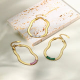 Flat Snake Chain Stainless Steel Bracelet with Green Crystal Zircon
