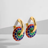 Enamel Flower Donuts Round Loop Earrings for Women