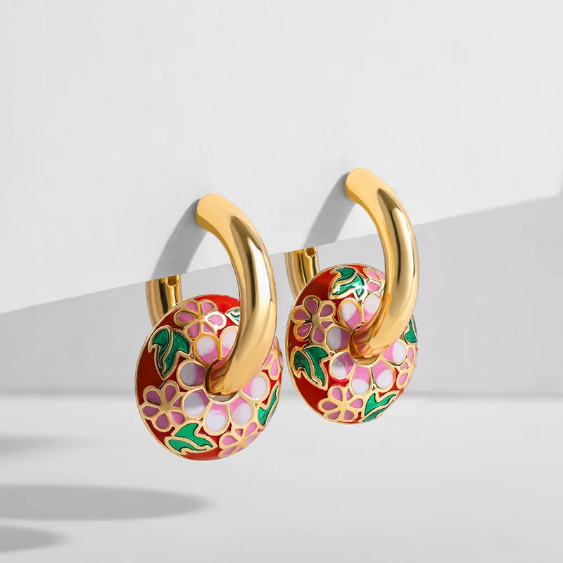 Enamel Flower Donuts Round Loop Earrings for Women
