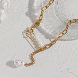 Stainless Steel Paper Clip Chain Y Shape Pearl Pendant Necklace