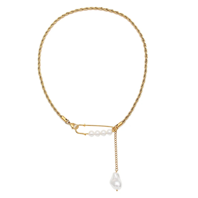 Stainless Steel Paper Clip Chain Y Shape Pearl Pendant Necklace