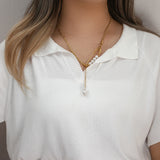 Stainless Steel Paper Clip Chain Y Shape Pearl Pendant Necklace