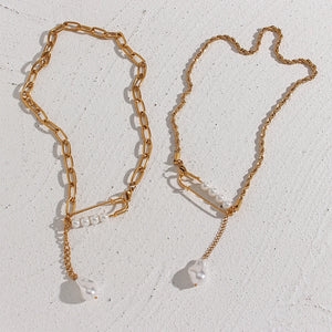 Stainless Steel Paper Clip Chain Y Shape Pearl Pendant Necklace
