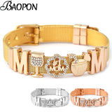 Stainless Steel Mesh Bracelet for Women MOM Heart Beads Charm Bangle