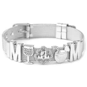 Stainless Steel Mesh Bracelet for Women MOM Heart Beads Charm Bangle