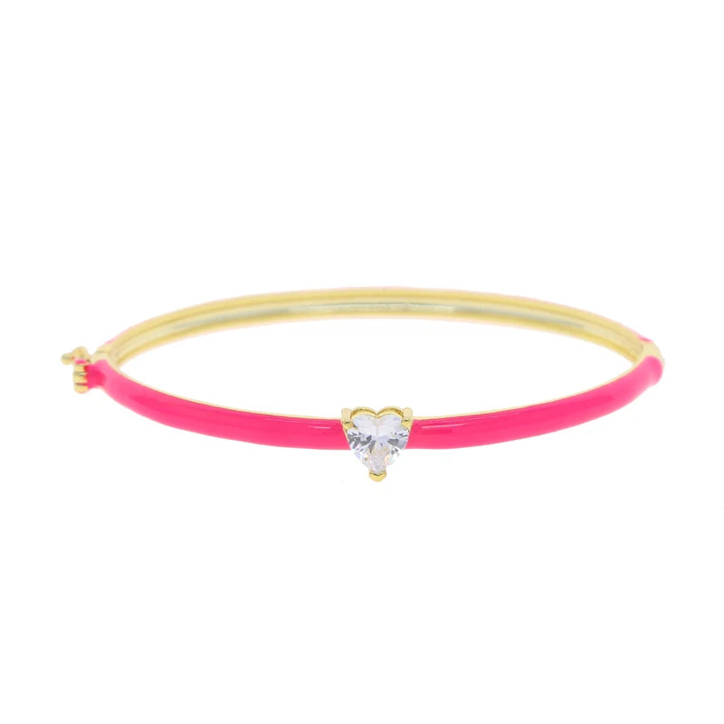 Purple Green Neon Enamel Heart CZ Bangle Bracelet