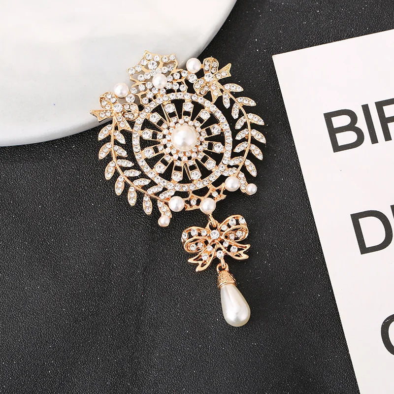 Flower Rhinestone Brooch Pin Drop Pearl Wedding Bridal