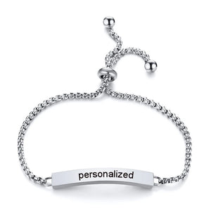 Engraved ID Bar Bracelet Women Stainless Steel Initial Adj