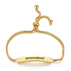 Engraved ID Bar Bracelet Women Stainless Steel Initial Adj