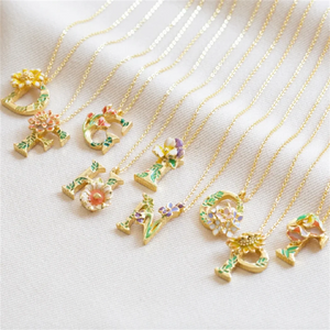 Floral Initial Necklace Enamel Pendant Flower Letter Charm Boho Jewelry