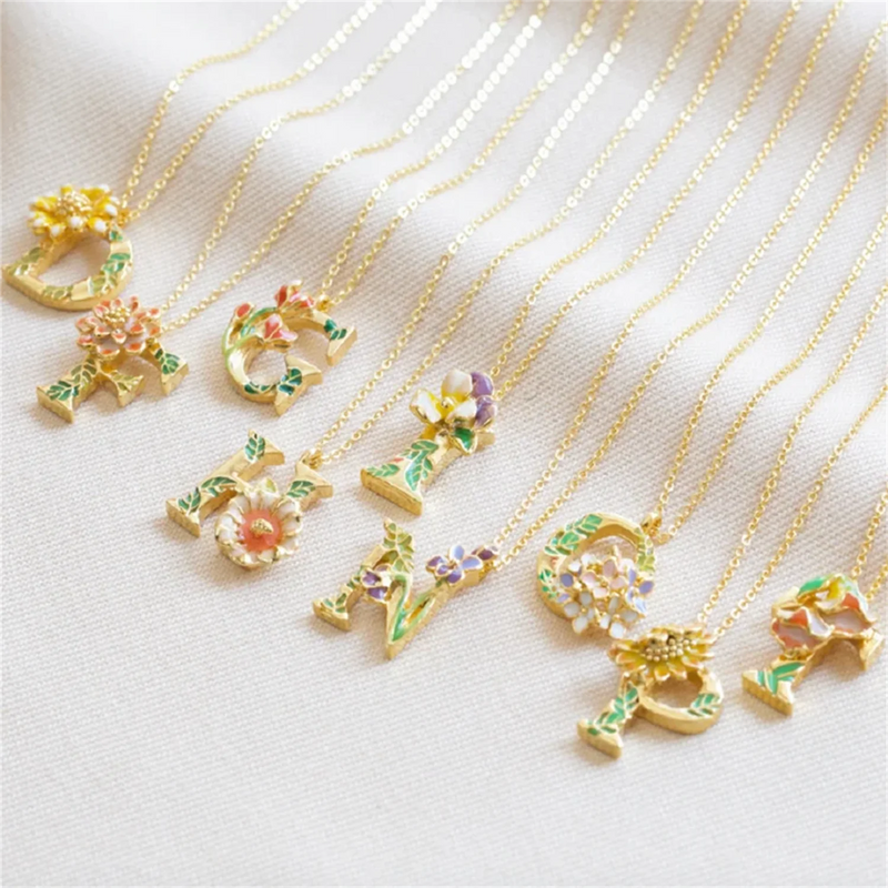 Floral Initial Necklace Enamel Pendant Flower Letter Charm Boho Jewelry