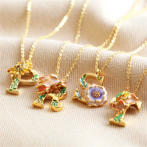 Floral Initial Necklace Enamel Pendant Flower Letter Charm Boho Jewelry