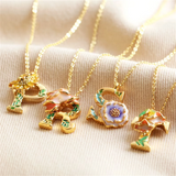 Floral Initial Necklace Enamel Pendant Flower Letter Charm Boho Jewelry