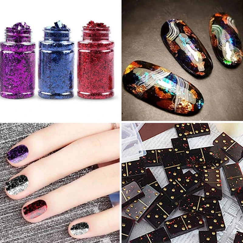 6 Colors Metallic Foil Flakes with Tweezers for DIY Nails Painting Craft Slime