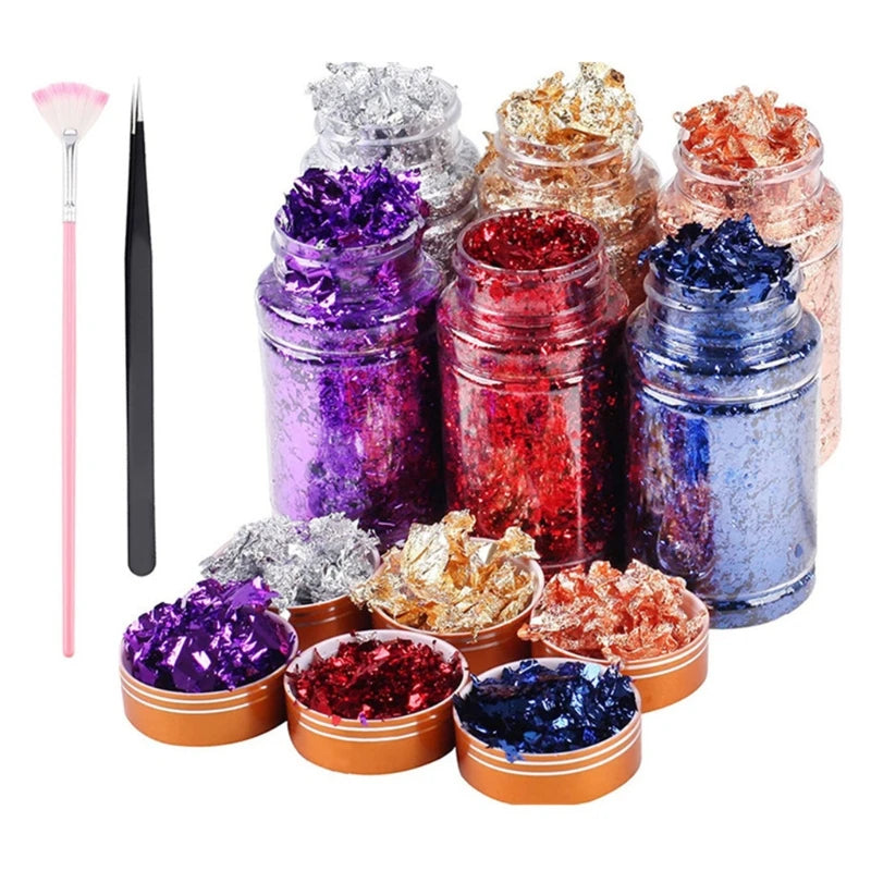 6 Colors Metallic Foil Flakes with Tweezers for DIY Nails Painting Craft Slime