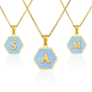 Hexagon Initial Letter Necklace Stainless Steel 26 Letters Girls Women
