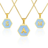 Hexagon Initial Letter Necklace Stainless Steel 26 Letters Girls Women