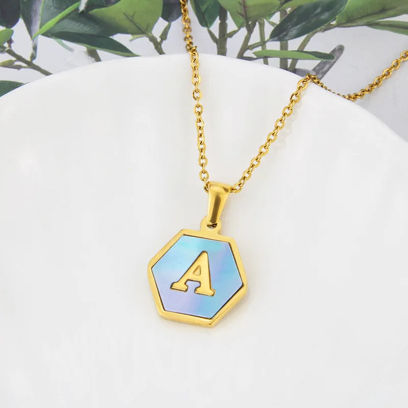 Hexagon Initial Letter Necklace Stainless Steel 26 Letters Girls Women