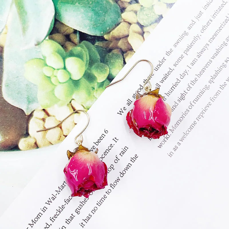 Dried Flower Drop Earrings Resin Epoxy Colorful Rose Petal Women Earring