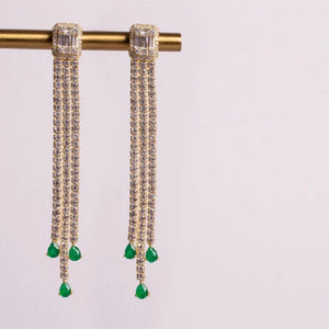 Green CZ Tennis Chain Drop Tassel Earrings