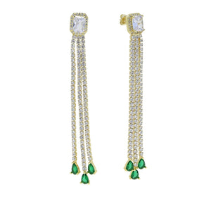 Green CZ Tennis Chain Drop Tassel Earrings