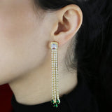 Green CZ Tennis Chain Drop Tassel Earrings