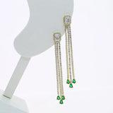 Green CZ Tennis Chain Drop Tassel Earrings