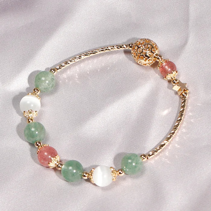 Rutilated Pink/Green Strawberry Crystal Cat's Eye Beaded Bracelet