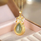 Gold-Plated Inlaid Hetian Jade Gray Jade Retro Drop-Shaped Necklace Pendant Sets