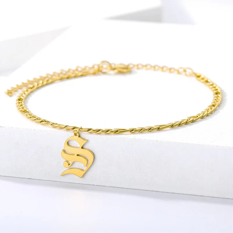Plated Letter Bracelet Old English Alphabet Stainless Steel Charm Bracelets
